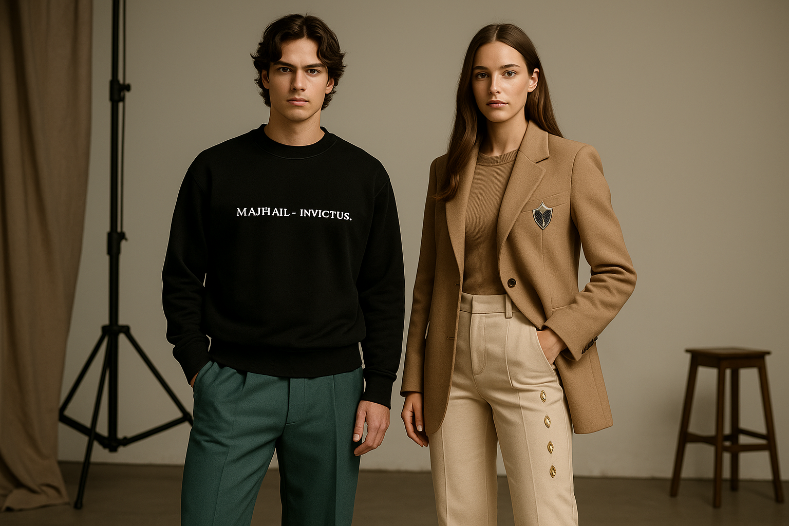 Two people standing side by side against a neutral background, one wearing a black sweatshirt and green pants, the other in a beige coat and pants.